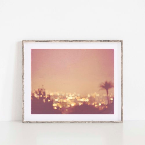 Los Angeles Cityscape Photo, Palm Tree Art, Bokeh Lights Photography, LA Print, Peach Girls Room Decor, Nursery