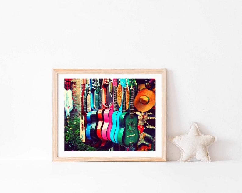 Guitar Photo, las guitarras, Music Art Print, Southwest Decor, Latin, Kids Room, Colorful Nursery Wall Art, Aqua, Turquoise image 4