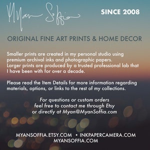 Op de afbeelding: Tekst overlay op een wazige achtergrond van kleurrijke lichten. De tekst luidt "Since 2008", "Original Fine Art Prints & Home Decor", en "MyanSoffia.Etsy.com &bull; InkPaperCamera.com MyanSoffia.com".