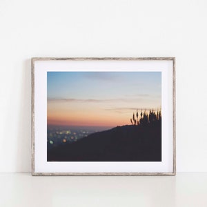 Op de afbeelding: Een ingelijste foto van een skyline bij zonsondergang. De stadslichten zijn wazig in de verte en de lucht is zacht roze en oranje. Silhouetten van hoog gras zijn op de voorgrond te zien.
