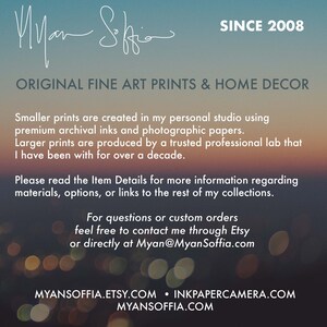 May include: Text overlay on a blurred background of colourful lights. The text reads "Since 2008", "Original Fine Art Prints & Home Decor", and "MyanSoffia.Etsy.com &bull; InkPaperCamera.com MyanSoffia.com".
