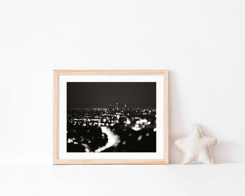 Black and White Los Angeles Photograph, Cityscape Print, LA Skyline Photo, Bokeh, Dorm Decor, Abstract Artwork image 4