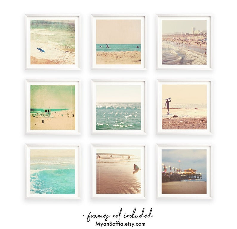 print set beach photography 9 prints ocean pier peppermint blue sea green surfer brown kids room decor Beach wall art seaside photos