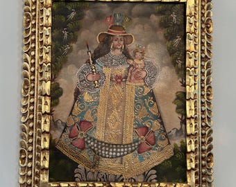 Réplique d'une peinture de l'école de Cusco représentant la Vierge à l'Enfant – Cadre en bois sculpté à la main avec « bronze pan » – Art religieux colonial péruvien.
