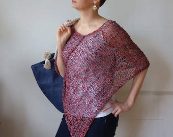 Hand Knit Cotton Poncho for Woman, Red White Blue Summer Beach Cover up Poncho, Bohemian Resortwear Sheer Poncho, Boho Loose Knitwear