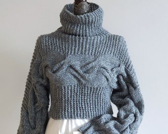 Cropped Sweater with Braids in Petrol, Hand Knit Greish Blue Pullover with Cables, Long Sleeve Cabled Womans Jumper with Cowl