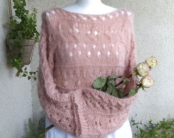 Hand Knit Openwork Sweater Top with Long Wide Sleeves, Crop Eylet Sweater in Champagne Rose, Fuzzy Soft Loose Knit Wedding shrug for Woman