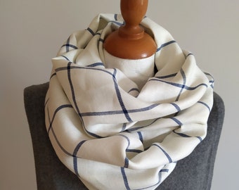 Natural linen nautical check scarf for men and woman, white and navy window pane check infinity scarf, unisex resortwear circle scarf