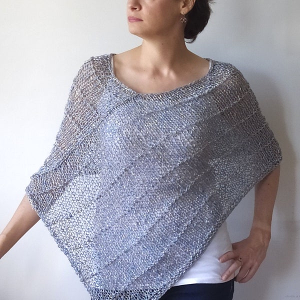 Blue pearl knitted poncho, blue and beige poncho for woman,  bohemian sheer cotton poncho, beach cover up, womens resort wear,  gift for her