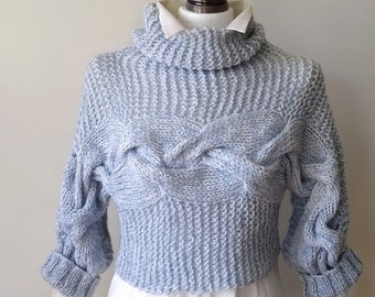 Loose Knit Crop Sweater Shrug with Braids in Sky Blue, Hand Knit Cabled Pullover with Cowl for Woman Size M, Hand Made Jumper with Cables