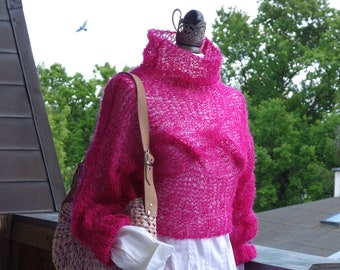 Hand Knit Braided Mohair Sweater Shrug in Fuchsia, Crop Spring Summer Sweater with Braids, Cabled Pullover with Cowl by Couvert