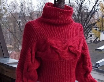 Hand knit crop sweater shrug with cables in red, braided shrug with cowl, turtleneck pullover with braids, capsule wardrobe knit clothing