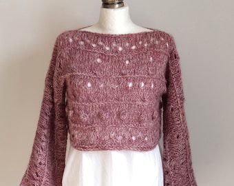 Wide sleeves hand knit sweater top, openwork eyelet loose fit crop sweater, alpaca viscose wedding shrug, mauve pink pullover