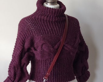 Purple hand knit crop sweater with braids, shrug with cables, braided pullower, purple cowl jumper, loose shrug,  gift under 100 dollars
