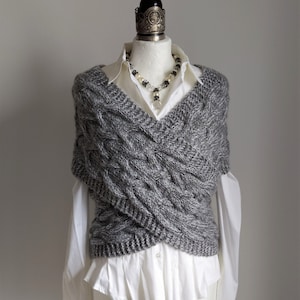 Criss Cross Hand Knit Vest With Braids, Gray Melange Cabled Sweater ...