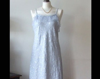 Blue embroidered linen long summer dress with straps and tulle ruffle rose, capsule wardrobe sleevless linen maxi dress size XL