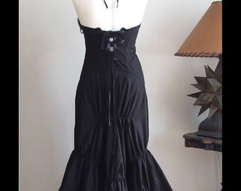 Black draped bustle dress with tulle ruffles and lace, ART DECO gown with roses bustier, origami goth modern victorian boho dress