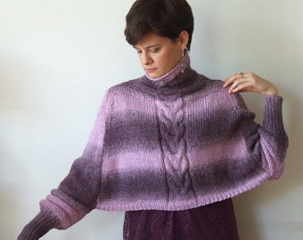 Braided poncho sweater with sleeves and cowl hand knit in ombre violet and lilac, cape poncho with braids, crop pullover with cables