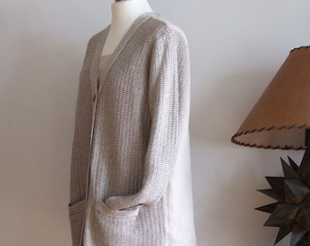 Knit linen cardigan sweater with pockets size XL in beige, natural fibers sweater coat, capsule wardrobe classic knit and fabric jacket