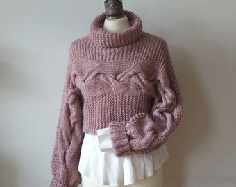 Dusty rose hand knit crop sweater with braids,  braided sweater with cowl. avant garde pullover with cables