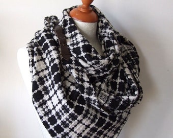 Extra Large Black and White Plaid Shawl Scarf Wrap, Triangular Asymmetric Unisex Wrap, Wool Scarf with Strap and Buckle