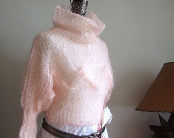 Hand knit crop mohair sweater shrug with braids, blush pink summer sweater with cowl, boho wedding shrug, loose knit poncho shrug & cable