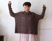 Brown oversized hand knit sweater with braids and bobbles, cozy kid mohair pullover with cowl