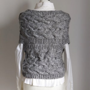 Criss Cross Hand Knit Vest with Braids, Gray Melange Cabled Sweater Vest Bolero, Wrap Front Braided Shrug, Capsule Wardrobe Knitted Clothing image 3