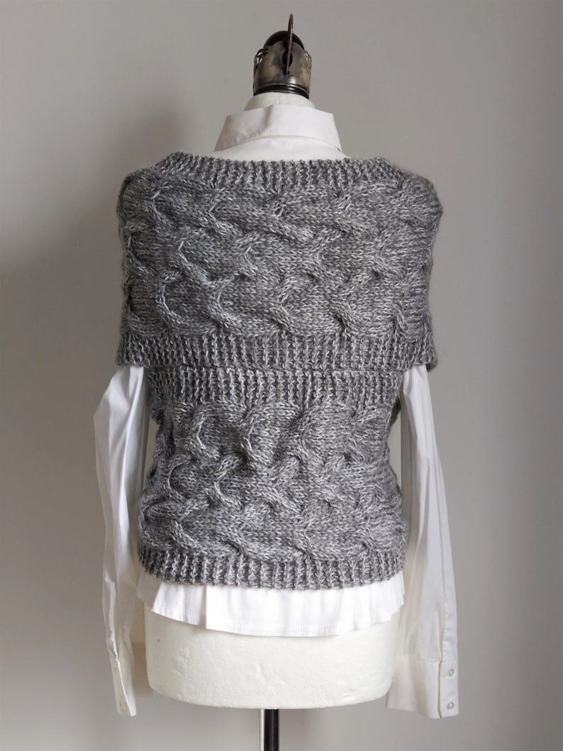 Criss Cross Hand Knit Vest with Braids, Gray Melange Cabled Sweater Vest Bolero, Wrap Front Braided Shrug, Capsule Wardrobe Knitted Clothing image 3