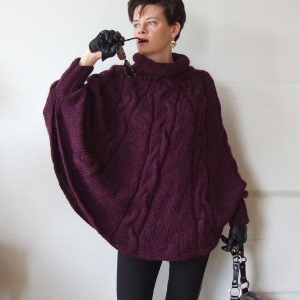 Hand knitted poncho  braided cape sweater,fall fashion cabled poncho, avant garde traffic stoper,hotest fall trend, plum violet sweater