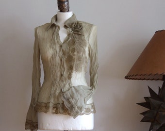 Chiffon sheer long sleeve blouse with lace in olive green, boho buttoned up pleated front shirt, light summer top
