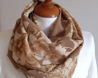 Cream and Caramel Roses Circle Infinity Scarf, Floral Fall Colors Loop Scarf for Woman, Roses Print Cowl Shawl, Gift under 20 dollars