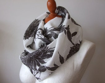 Linen summer scarf, floral print scarf, women's linen scarf, white and gray peonies shawl, mother's day gift, linen loop scarf for her