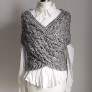 Criss Cross Hand Knit Vest with Braids, Gray Melange Cabled Sweater Vest Bolero, Wrap Front Braided Shrug, Capsule Wardrobe Knitted Clothing image 2