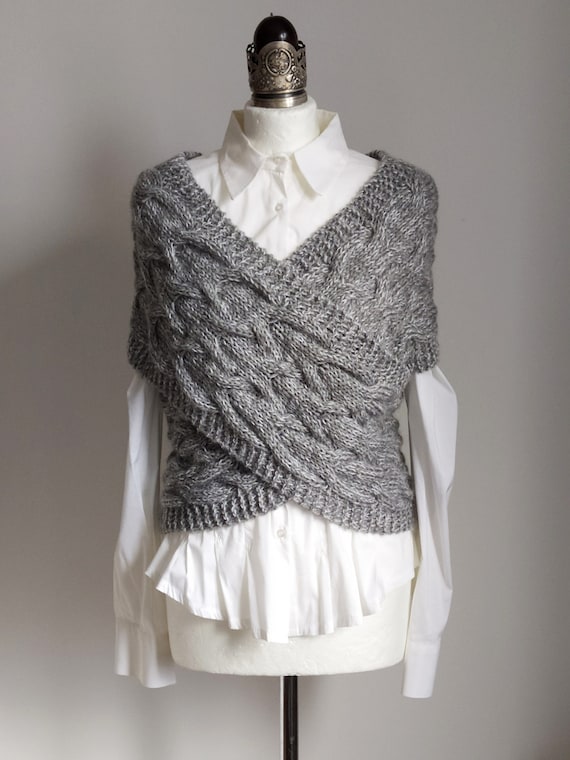 Criss Cross Hand Knit Vest With Braids, Gray Melange Cabled