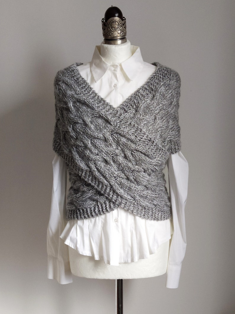 Criss Cross Hand Knit Vest with Braids, Gray Melange Cabled Sweater Vest Bolero, Wrap Front Braided Shrug, Capsule Wardrobe Knitted Clothing image 2