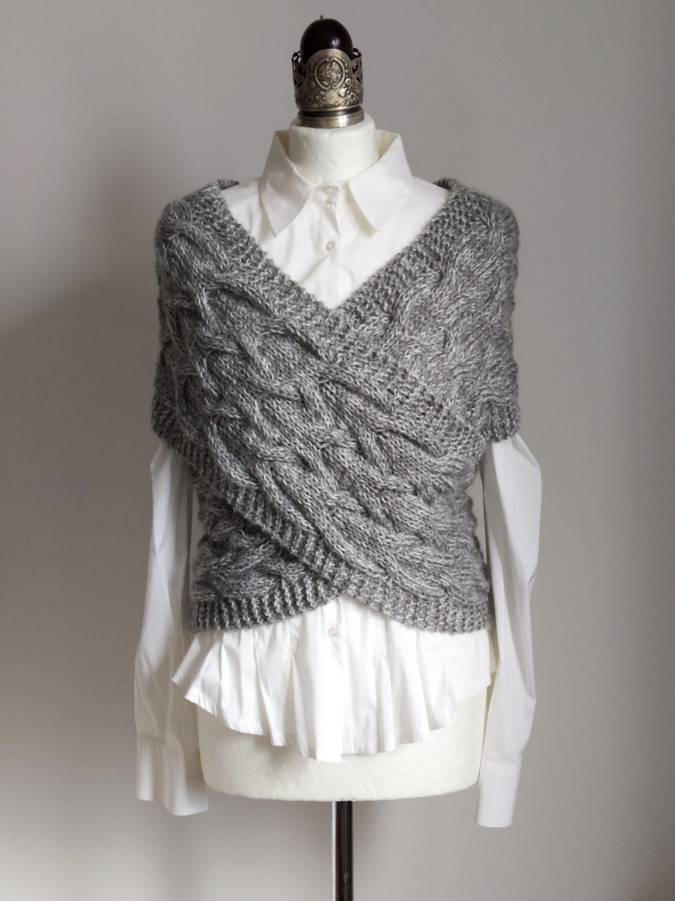 Criss Cross Hand Knit Vest With Braids, Gray Melange Cabled Sweater ...
