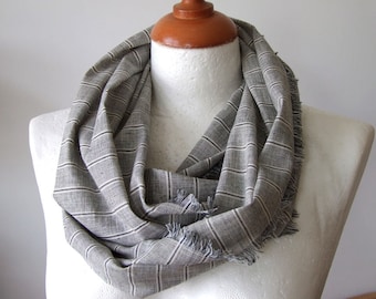 Gray Striped Linen Infinity Scarf for Men, Gray Off White Circle Loop Linen Scarf Shawl, Natural Fiber Unisex Shawl, Gift for Him