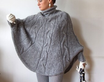 Hand knitted poncho braided cape sweater, fall cabled poncho, avant garde knit sweater, sweater poncho for woman, gray melange sweater