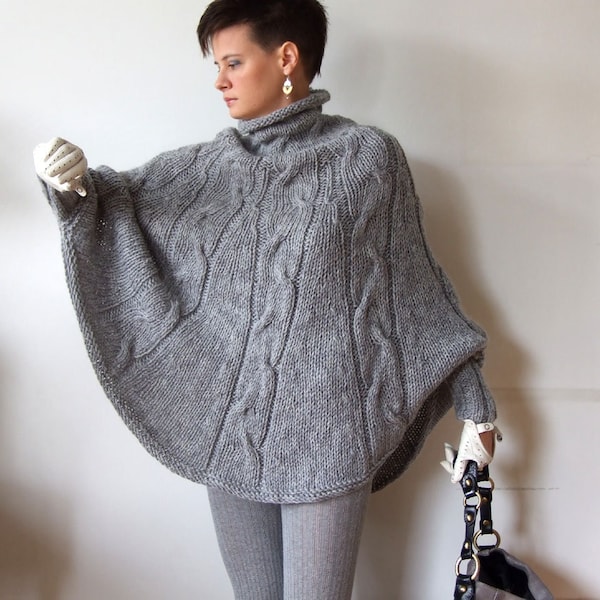 Hand knitted poncho braided cape sweater, fall cabled poncho, avant garde knit sweater, sweater poncho for woman, gray melange sweater