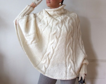 Hand knitted poncho  braided cape sweater, fall fashion cabled poncho, avant garde ivory cream knit sweater, hottest fall trend