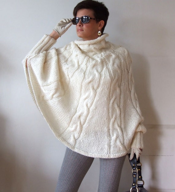 Hand Knitted Poncho Braided Cape Sweater, Fall Fashion Cabled