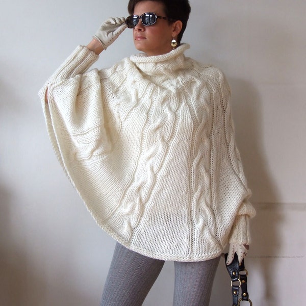 Hand knitted poncho  braided cape sweater, fall fashion cabled poncho, avant garde ivory cream knit sweater, hottest fall trend