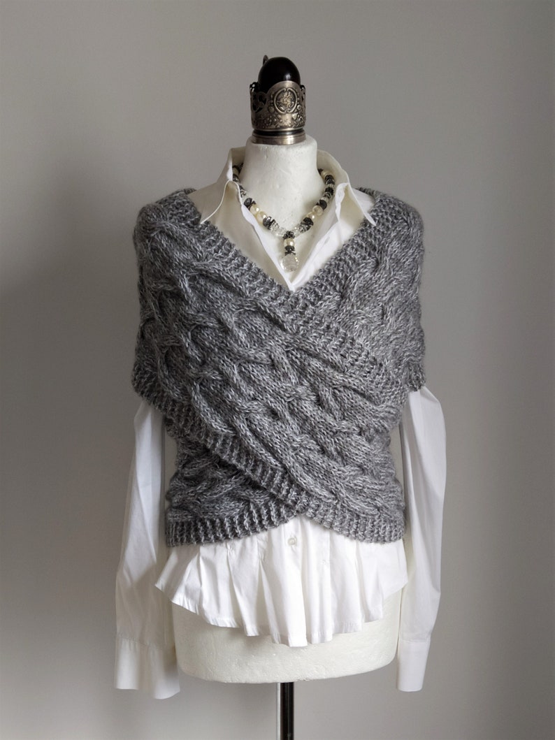 Criss Cross Hand Knit Vest with Braids, Gray Melange Cabled Sweater Vest Bolero, Wrap Front Braided Shrug, Capsule Wardrobe Knitted Clothing Gray