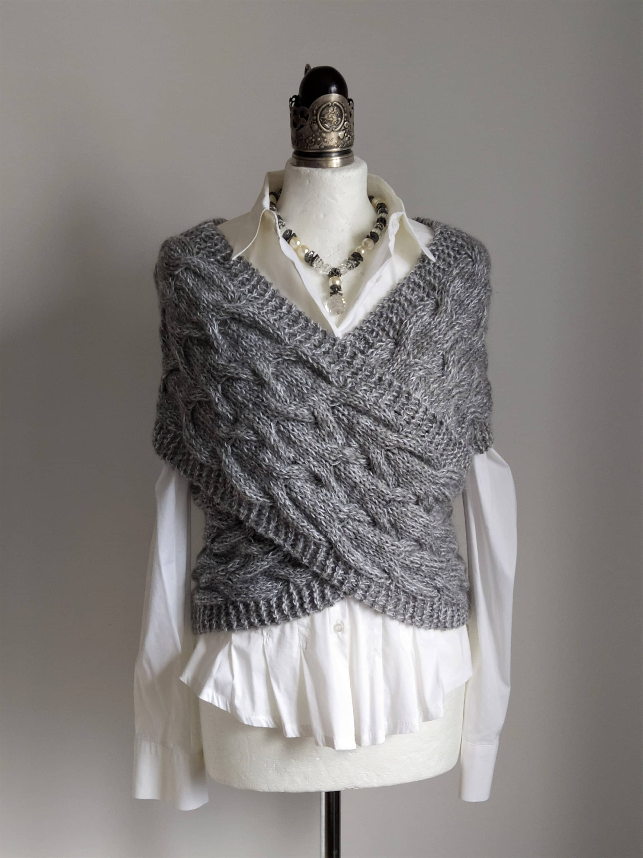 Criss Cross Hand Knit Vest With Braids, Gray Melange Cabled Sweater ...