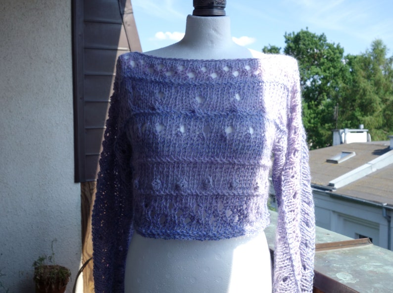loose fit shrug hand knitted textured sweater light /& airy cropped sweater Lavender alpaca sweater open work pullover wedding sweater