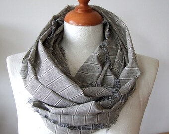 Striped lightweight linen infinity scarf for men, gray and off white linen circle loop scarf shawl, natural fiber unisex shawl, gift for him