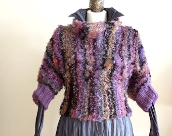 Mohair shrug sweater with braids in lilac and violet, braided crop sweater with cowl, turtleneck mohair pullover with cables