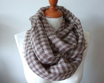 Lightweight linen scarf, coffee beige & brown linen gauze infinity scarf,  beige check shawl, gift under 25 dollars