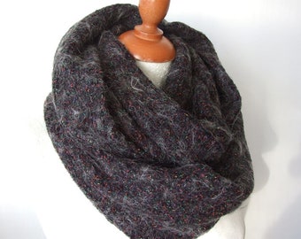 Speckled Charcoal Black Knit Infinity Scarf, Wool Angora Jersey Loop Circle Scarf, Warm Double Layer Cowl Shawl Wrap, Unisex Scarf